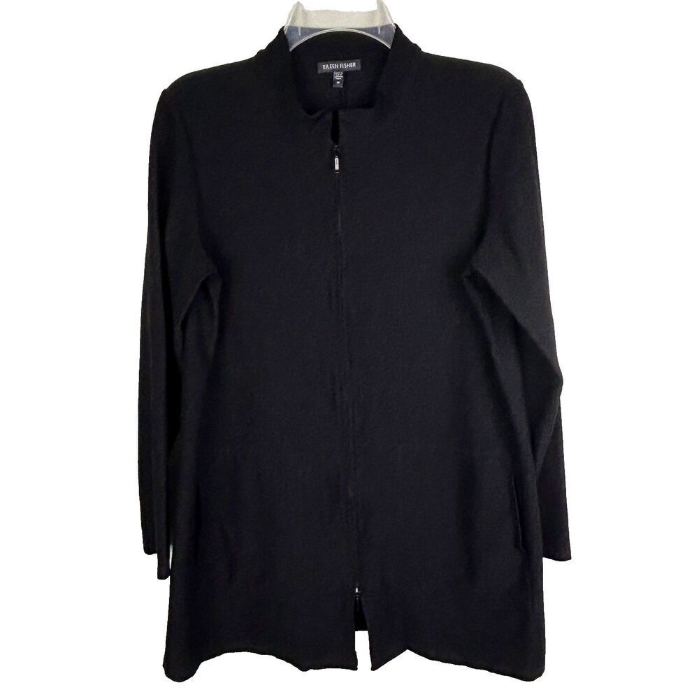 Eileen Fisher Black Blazer Jacket Full 2 Way Zip Lagenlook Woven Crepe Classic M